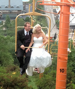 bride and groom on Sky Lift above Gatlinburg TN